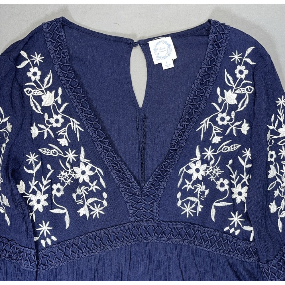 BLUE RAIN Womens‎ V-Neck Long Sleeve Boho Floral Navy Blue Mini Dress Large - Picture 6 of 13